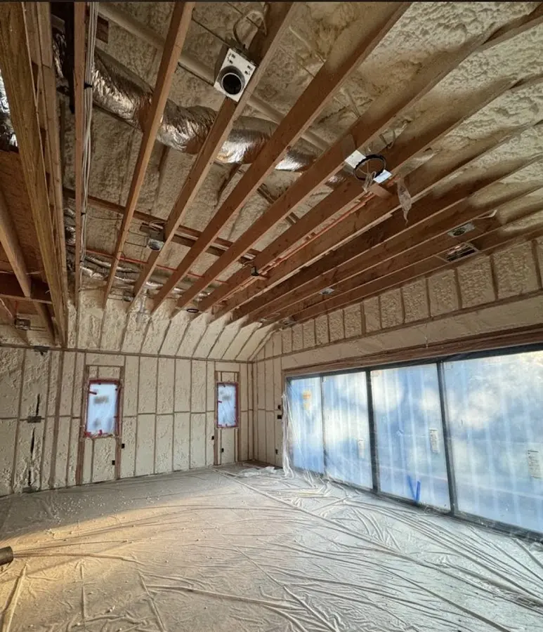 Interior walls and ceiling insulated with spray foam during new construction in Tell City